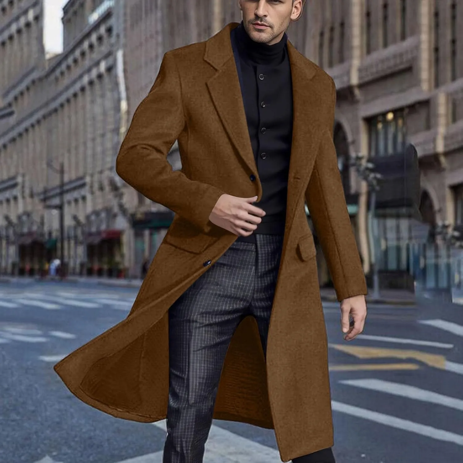2023 Men's Casual Trench Coat Slim Fit Notched Collar Long Suit Jacket Overcoat Single Breasted Pea Coat Blazers wih Pockets