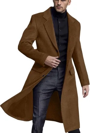 2023 Men's Casual Trench Coat Slim Fit Notched Collar Long Suit Jacket Overcoat Single Breasted Pea Coat Blazers wih Pockets