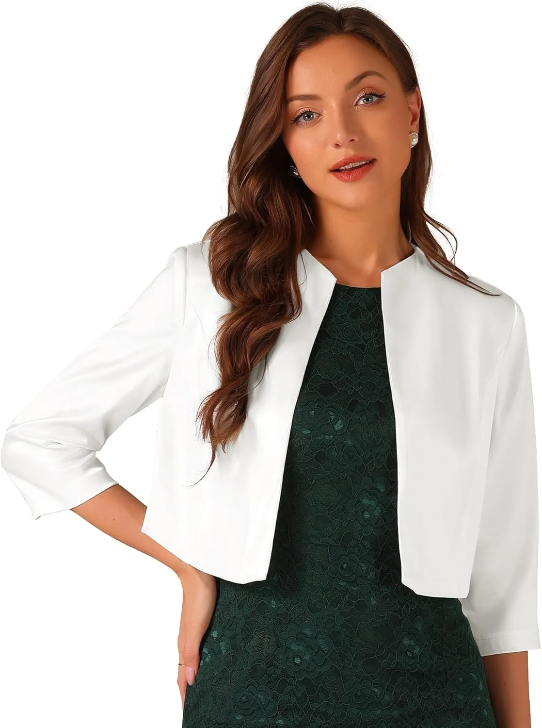 Allegra K Satin Cardigan for Women's Open Front Elegant Formal 3/4 Sleeve Bolero Shrug Jacket