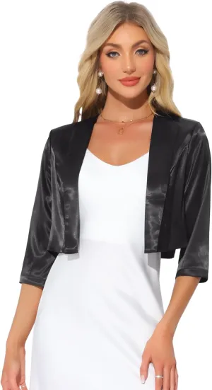 Allegra K Satin Cardigan for Women's Open Front Elegant Formal 3/4 Sleeve Bolero Shrug Jacket