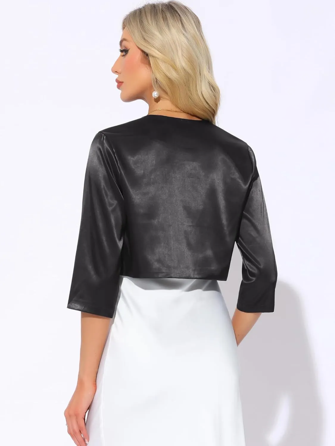 Allegra K Satin Cardigan for Women's Open Front Elegant Formal 3/4 Sleeve Bolero Shrug Jacket