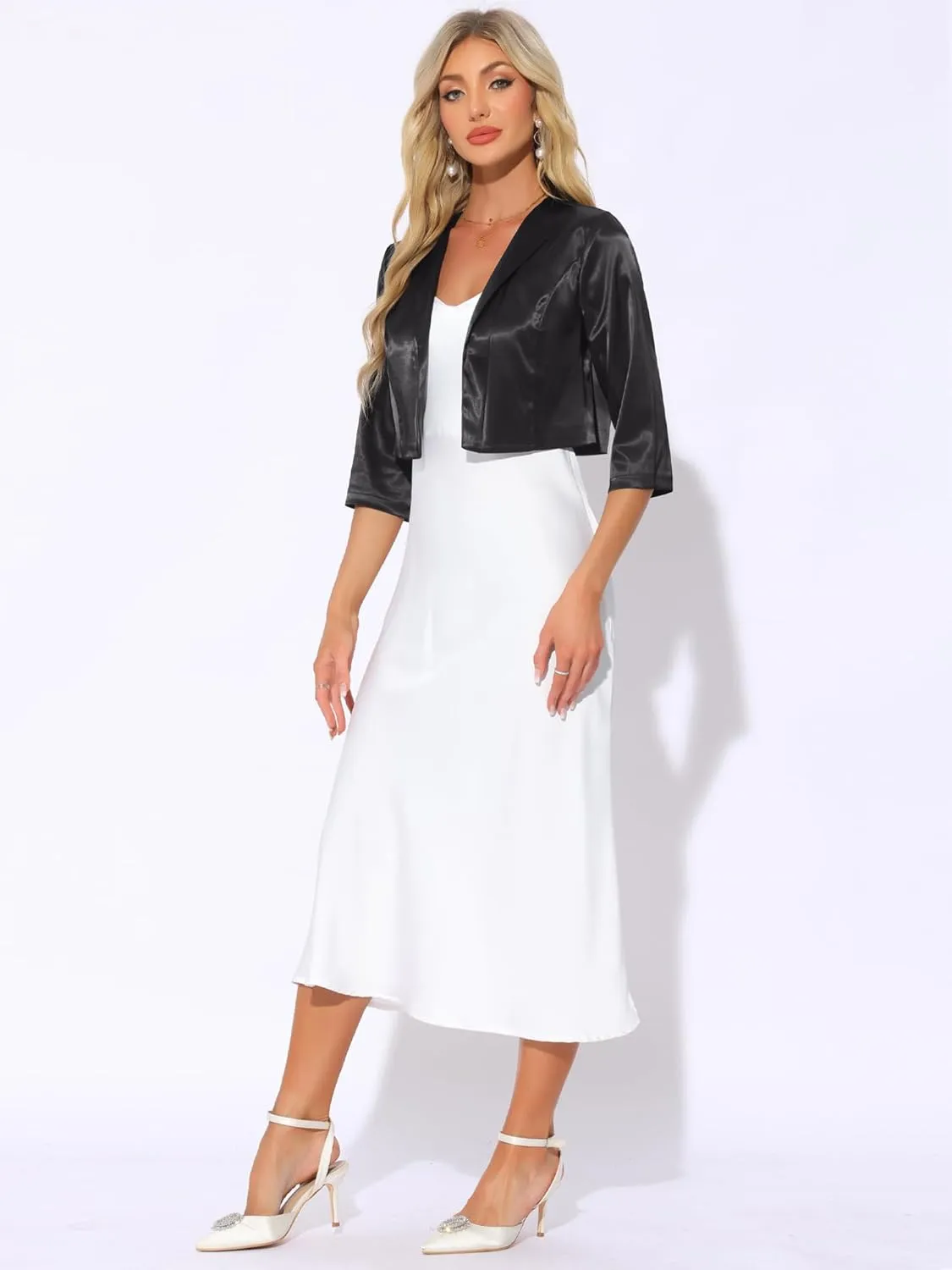 Allegra K Satin Cardigan for Women's Open Front Elegant Formal 3/4 Sleeve Bolero Shrug Jacket
