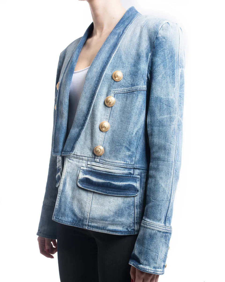 Balmain Denim Jacket with Gold Military Buttons - L / 12