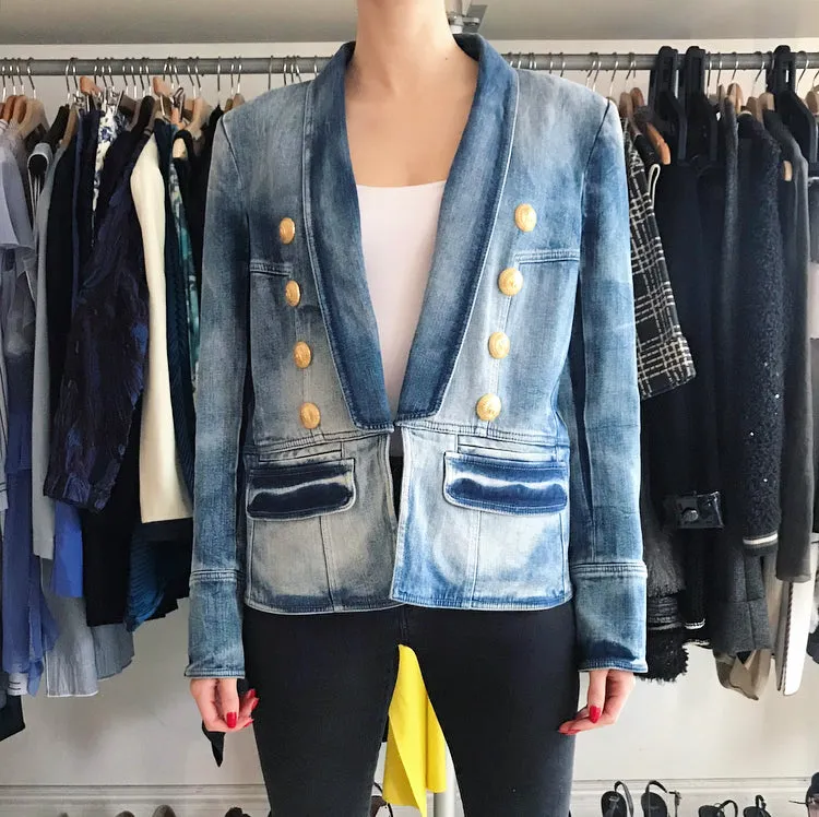 Balmain Denim Jacket with Gold Military Buttons - L / 12