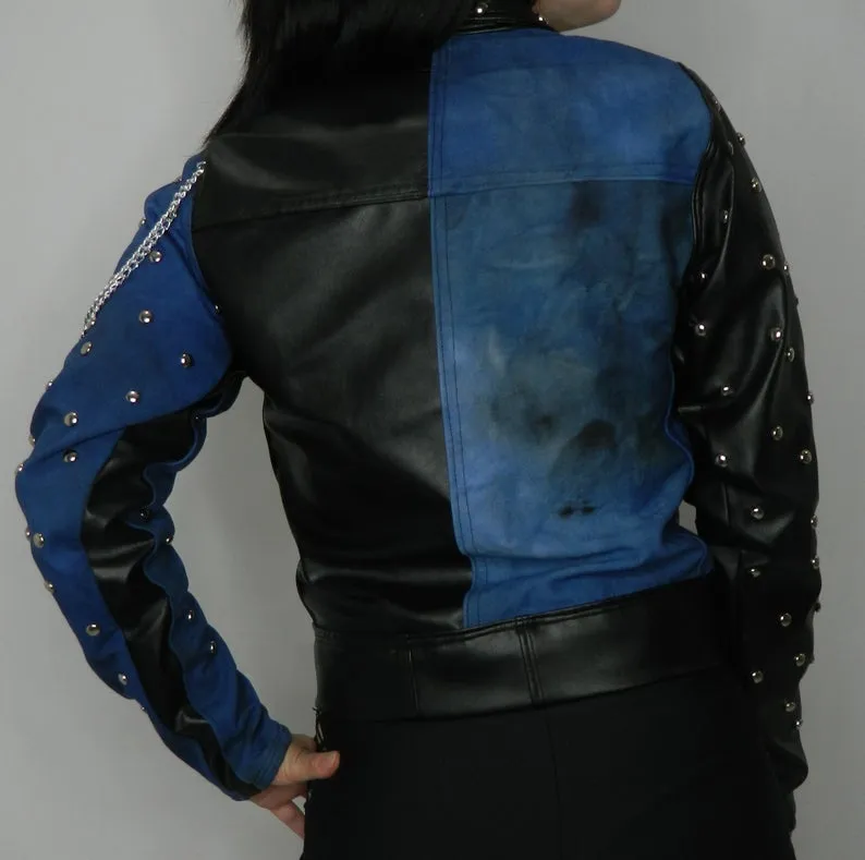 Black Faux Leather and Blue Distressed Denim Studded Jacket With Chains