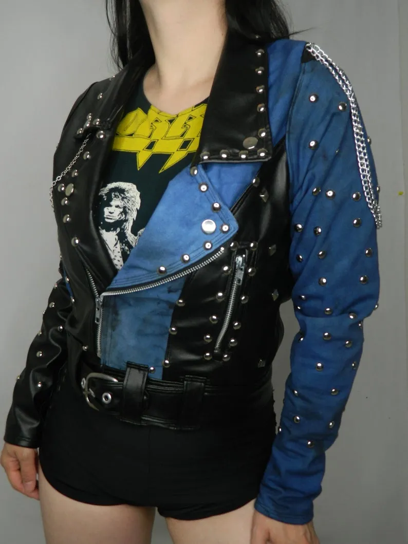 Black Faux Leather and Blue Distressed Denim Studded Jacket With Chains