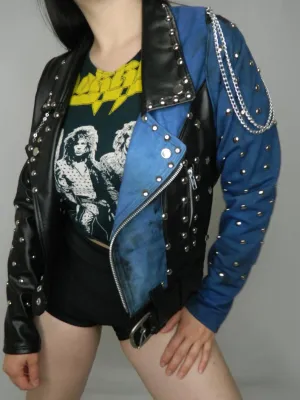 Black Faux Leather and Blue Distressed Denim Studded Jacket With Chains