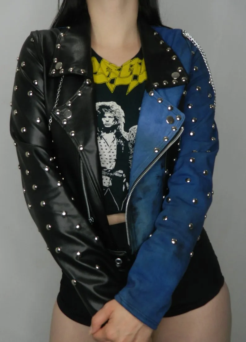 Black Faux Leather and Blue Distressed Denim Studded Jacket With Chains