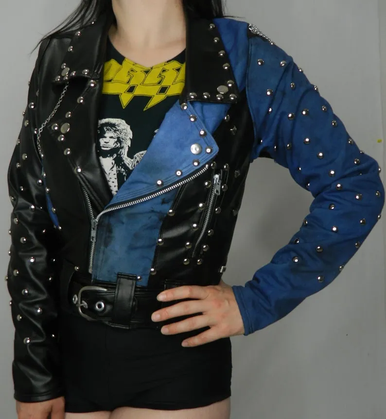 Black Faux Leather and Blue Distressed Denim Studded Jacket With Chains