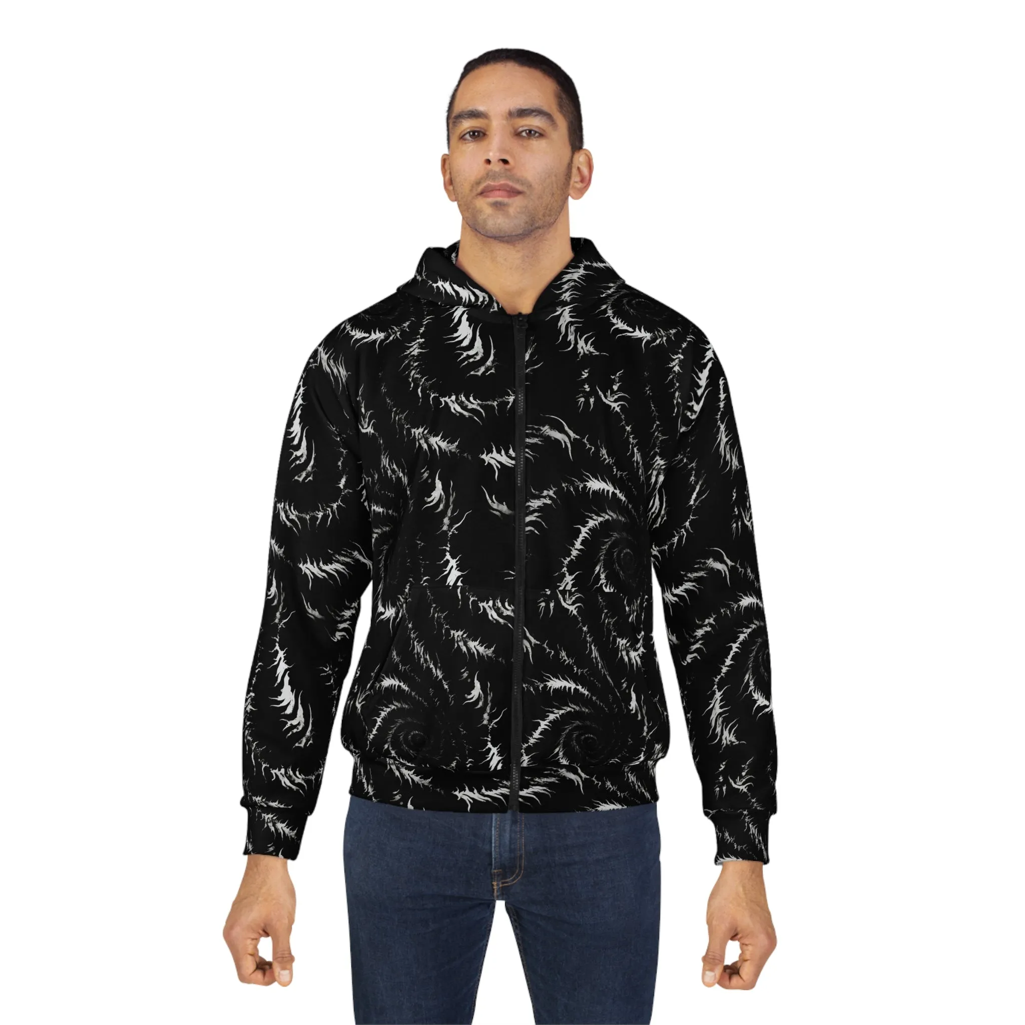 Black Tie Dye Zip Up Hoodie, Front Zipper Pocket Men Women Unisex Adult Aesthetic Graphic Cotton Fleece Hooded Sweatshirt