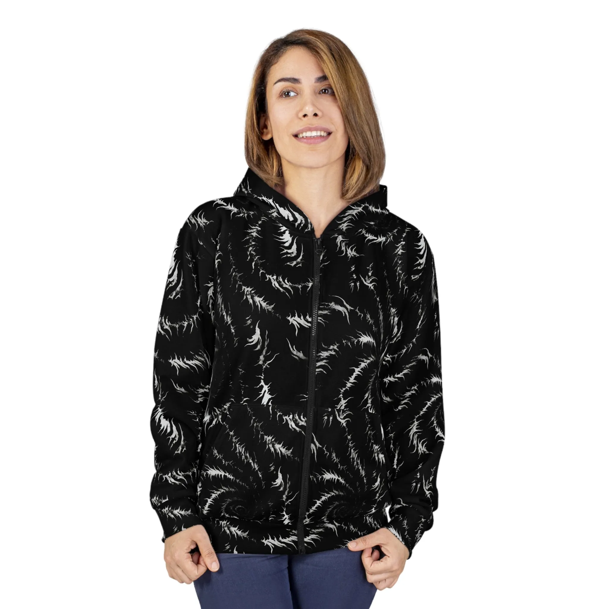 Black Tie Dye Zip Up Hoodie, Front Zipper Pocket Men Women Unisex Adult Aesthetic Graphic Cotton Fleece Hooded Sweatshirt