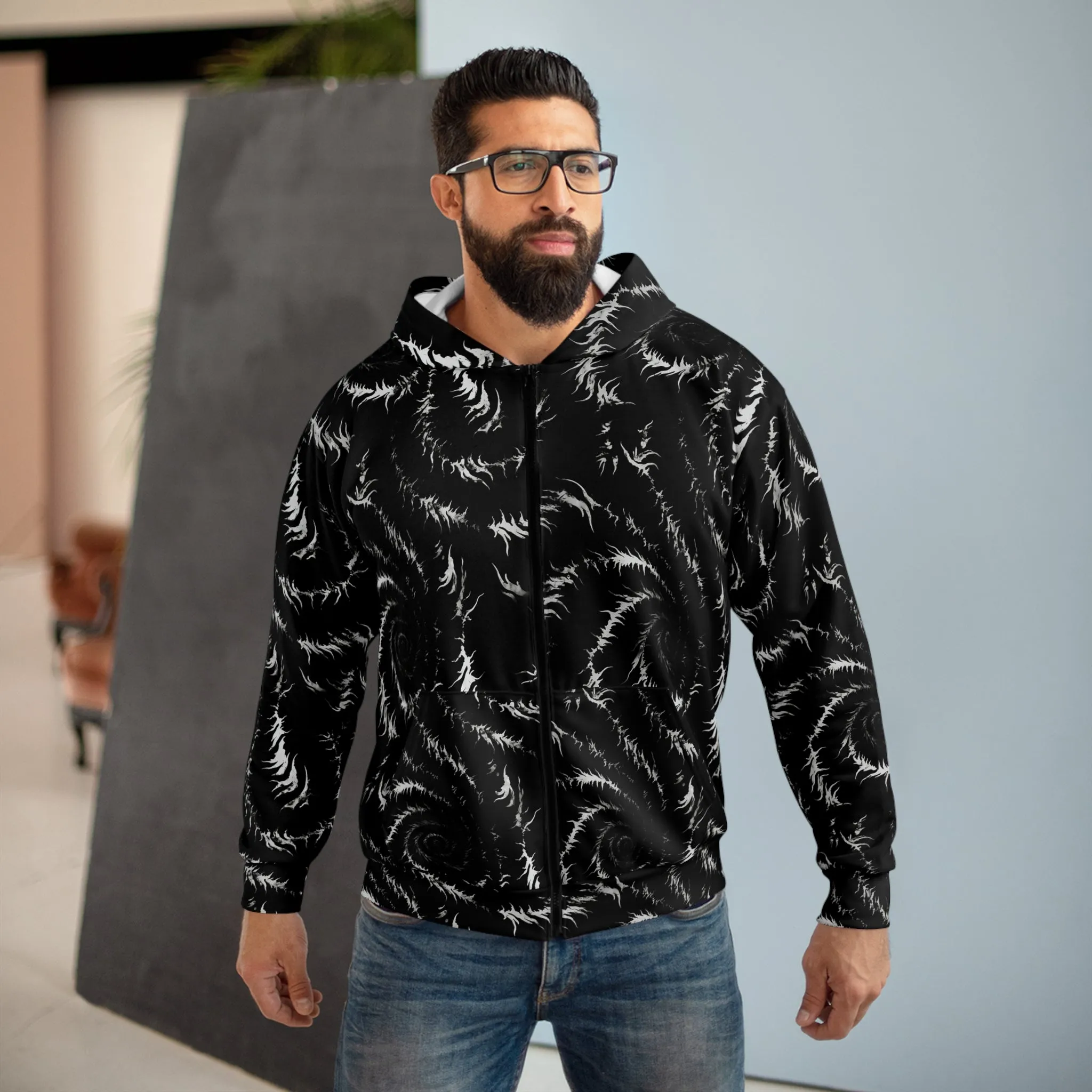 Black Tie Dye Zip Up Hoodie, Front Zipper Pocket Men Women Unisex Adult Aesthetic Graphic Cotton Fleece Hooded Sweatshirt