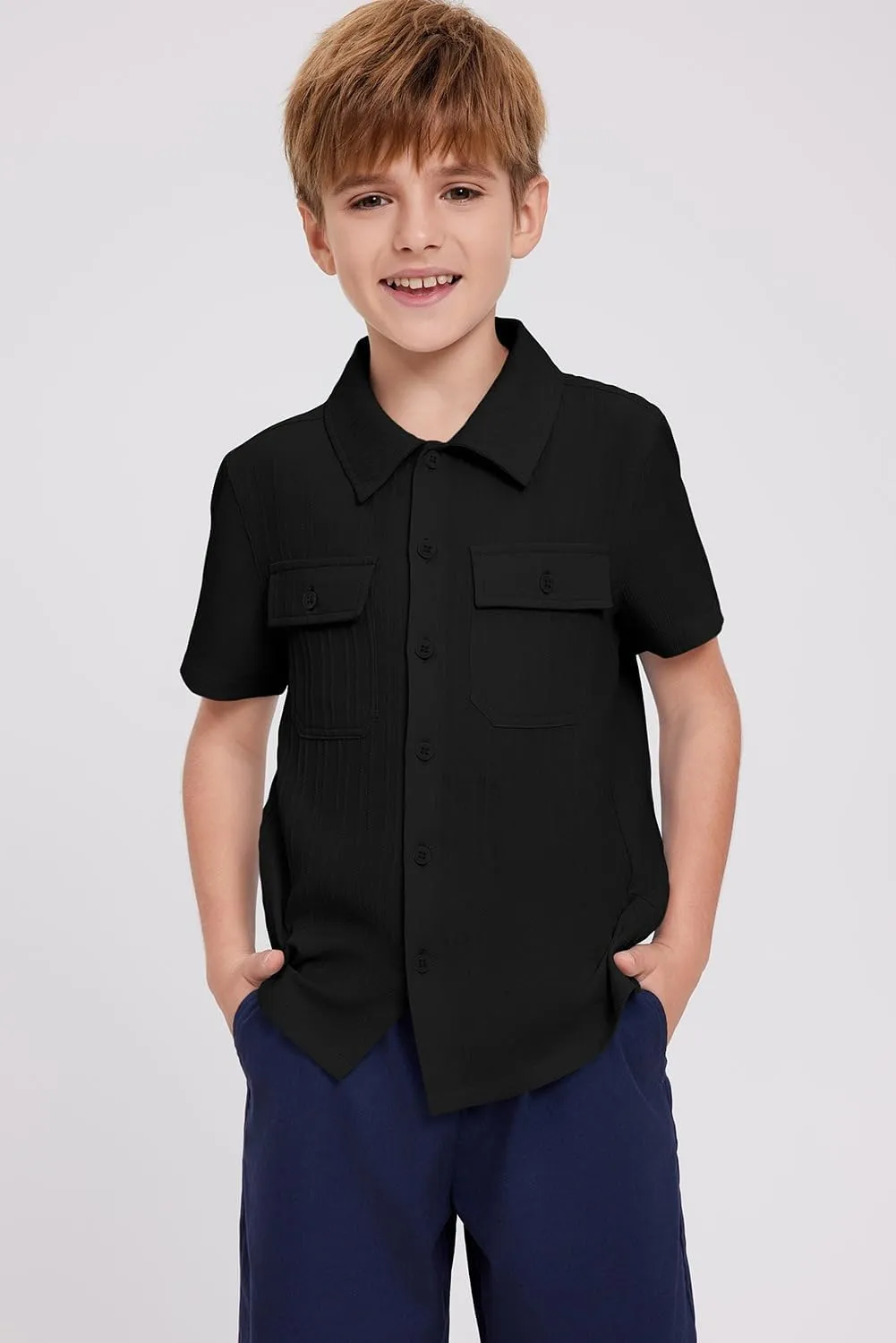 blibean Boys Button-Down Uniform Shirts Semi Formal Dress Tops with Chest Pockets