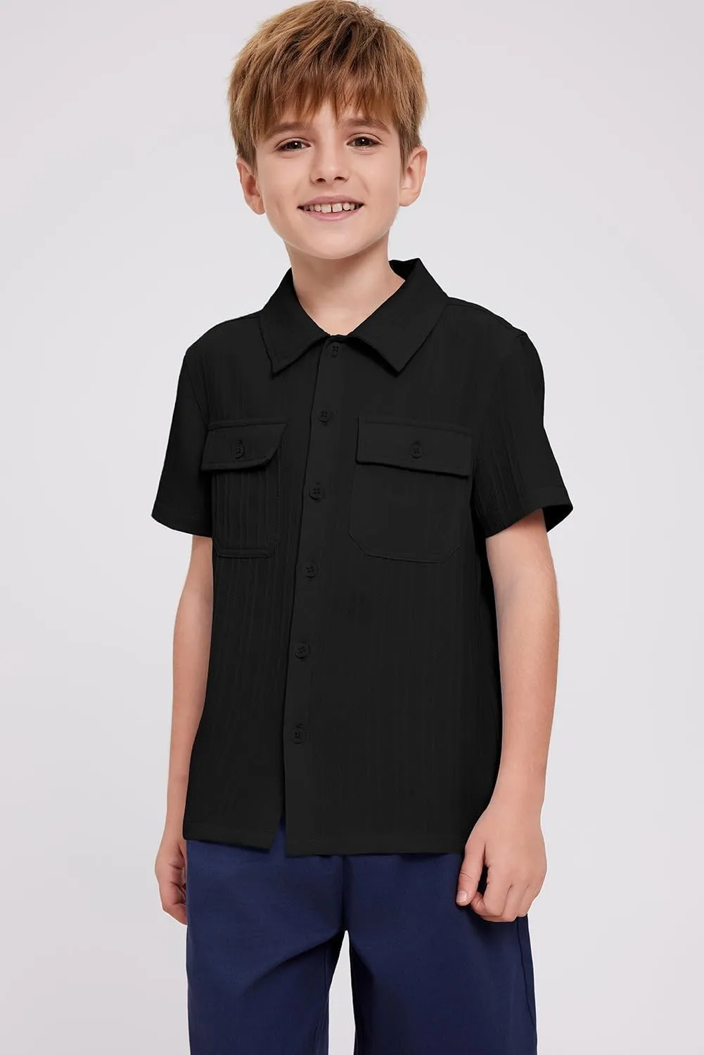 blibean Boys Button-Down Uniform Shirts Semi Formal Dress Tops with Chest Pockets