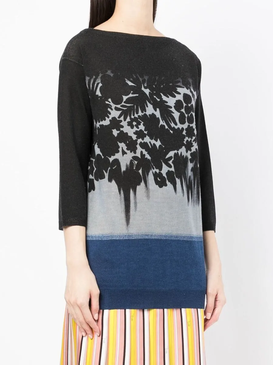 Blue Floral Print Knitted Top