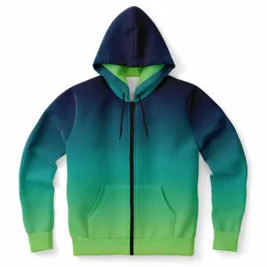 Blue Green Ombre Zip Up Hoodie, Gradient Tie Dye  Front Zipper Pocket Men Women Unisex Adult Aesthetic Cotton Fleece Hooded Sweatshirt