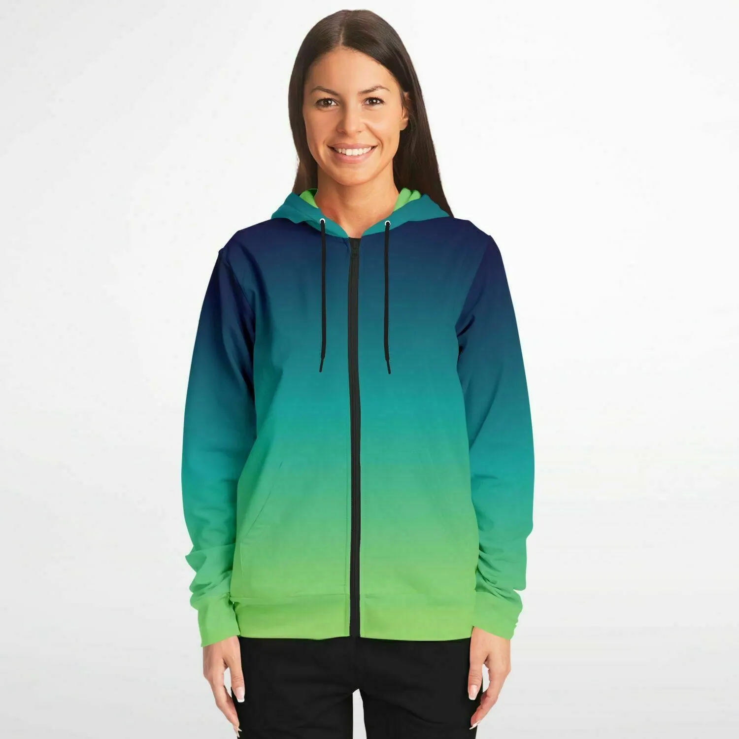 Blue Green Ombre Zip Up Hoodie, Gradient Tie Dye  Front Zipper Pocket Men Women Unisex Adult Aesthetic Cotton Fleece Hooded Sweatshirt