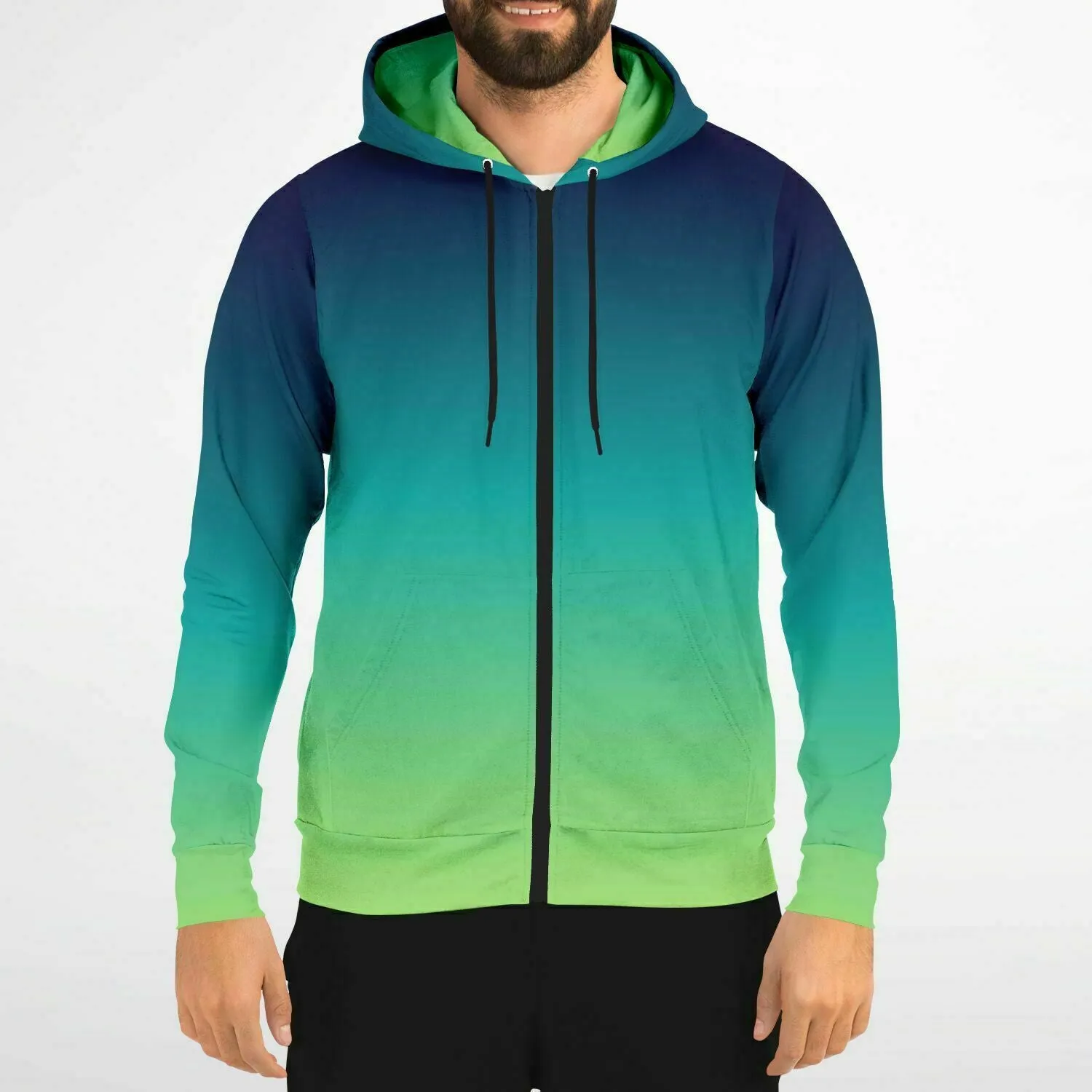 Blue Green Ombre Zip Up Hoodie, Gradient Tie Dye  Front Zipper Pocket Men Women Unisex Adult Aesthetic Cotton Fleece Hooded Sweatshirt