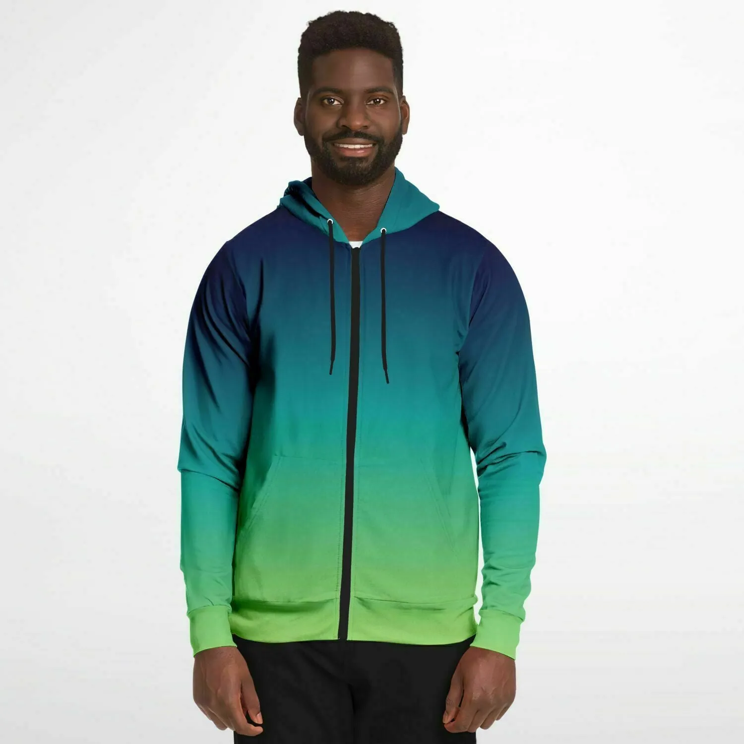 Blue Green Ombre Zip Up Hoodie, Gradient Tie Dye  Front Zipper Pocket Men Women Unisex Adult Aesthetic Cotton Fleece Hooded Sweatshirt