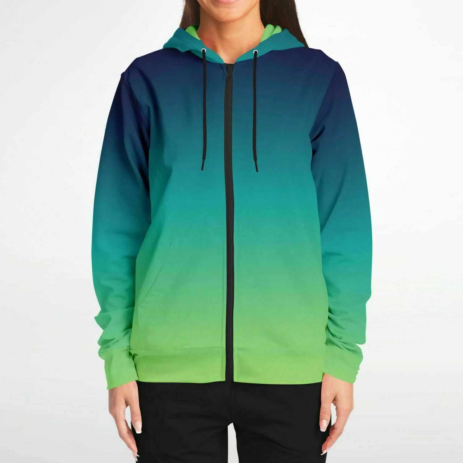 Blue Green Ombre Zip Up Hoodie, Gradient Tie Dye  Front Zipper Pocket Men Women Unisex Adult Aesthetic Cotton Fleece Hooded Sweatshirt