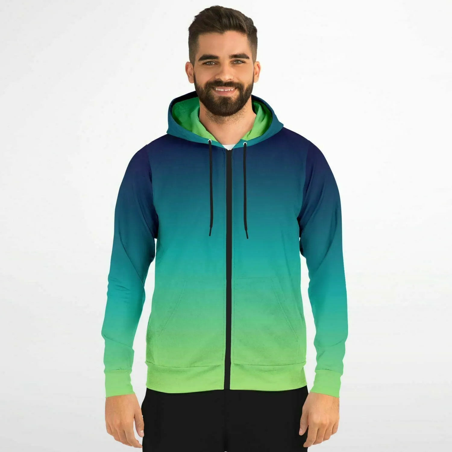 Blue Green Ombre Zip Up Hoodie, Gradient Tie Dye  Front Zipper Pocket Men Women Unisex Adult Aesthetic Cotton Fleece Hooded Sweatshirt