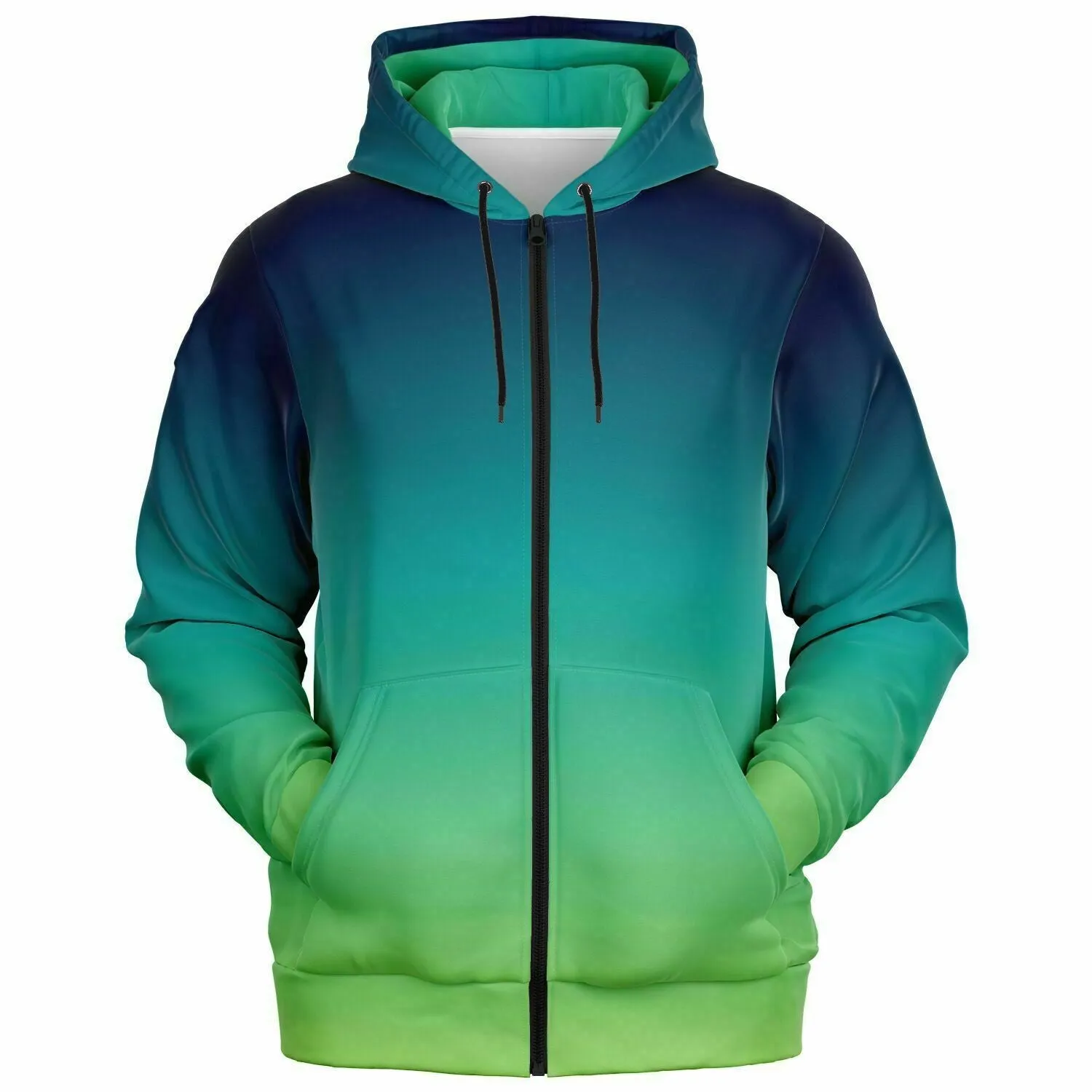 Blue Green Ombre Zip Up Hoodie, Gradient Tie Dye  Front Zipper Pocket Men Women Unisex Adult Aesthetic Cotton Fleece Hooded Sweatshirt