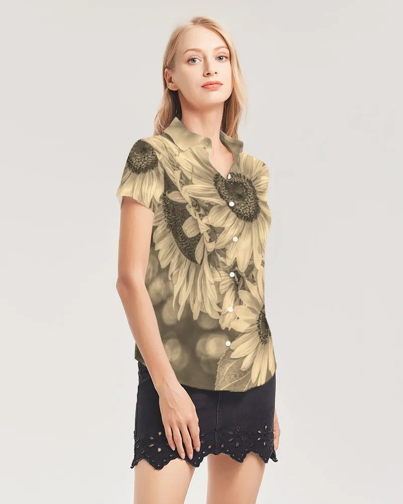 Butterfly Bronze Women's Short Sleeve Button Up