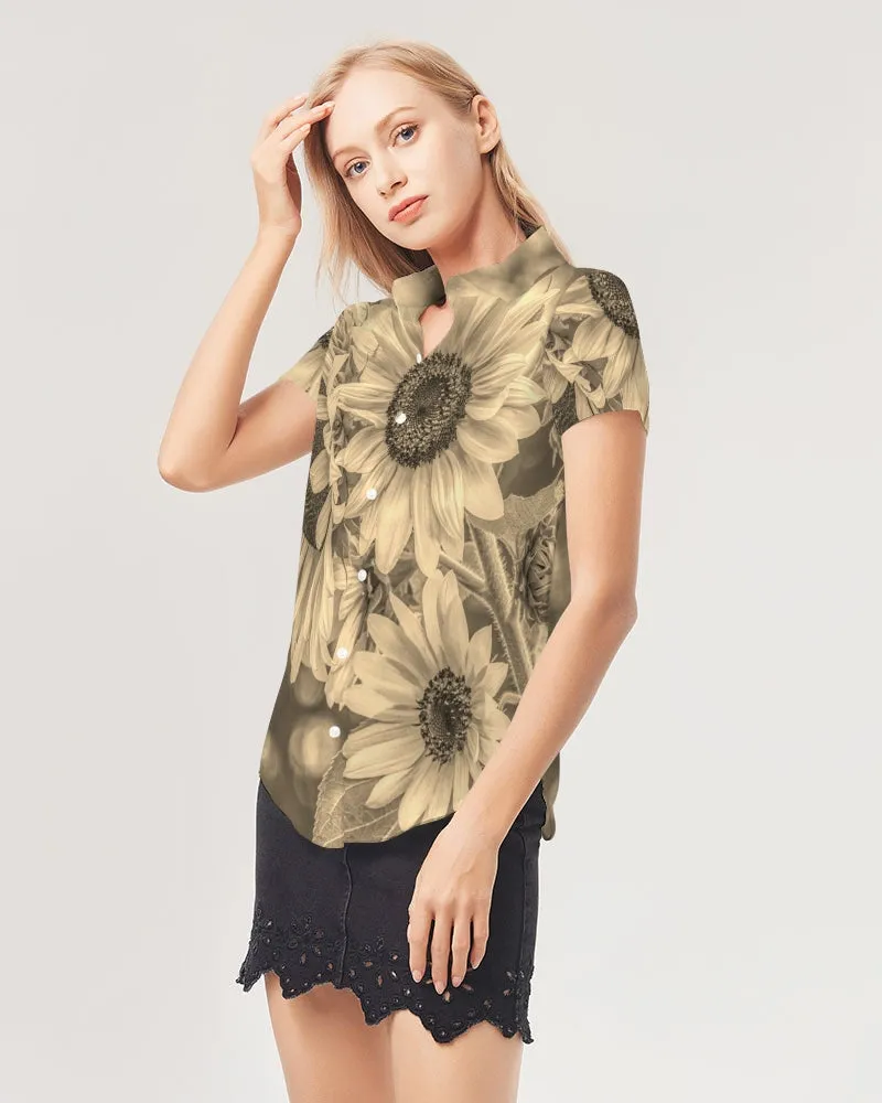 Butterfly Bronze Women's Short Sleeve Button Up