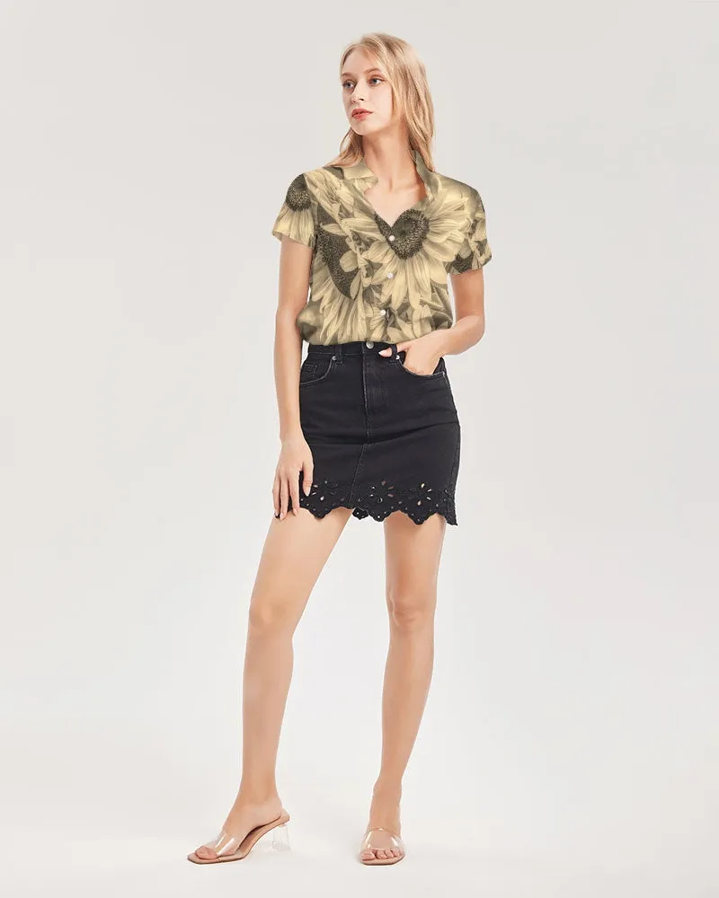 Butterfly Bronze Women's Short Sleeve Button Up