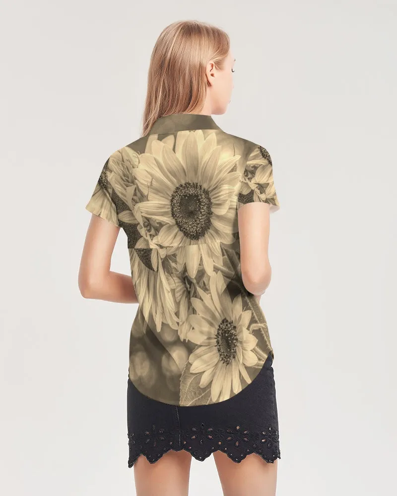 Butterfly Bronze Women's Short Sleeve Button Up