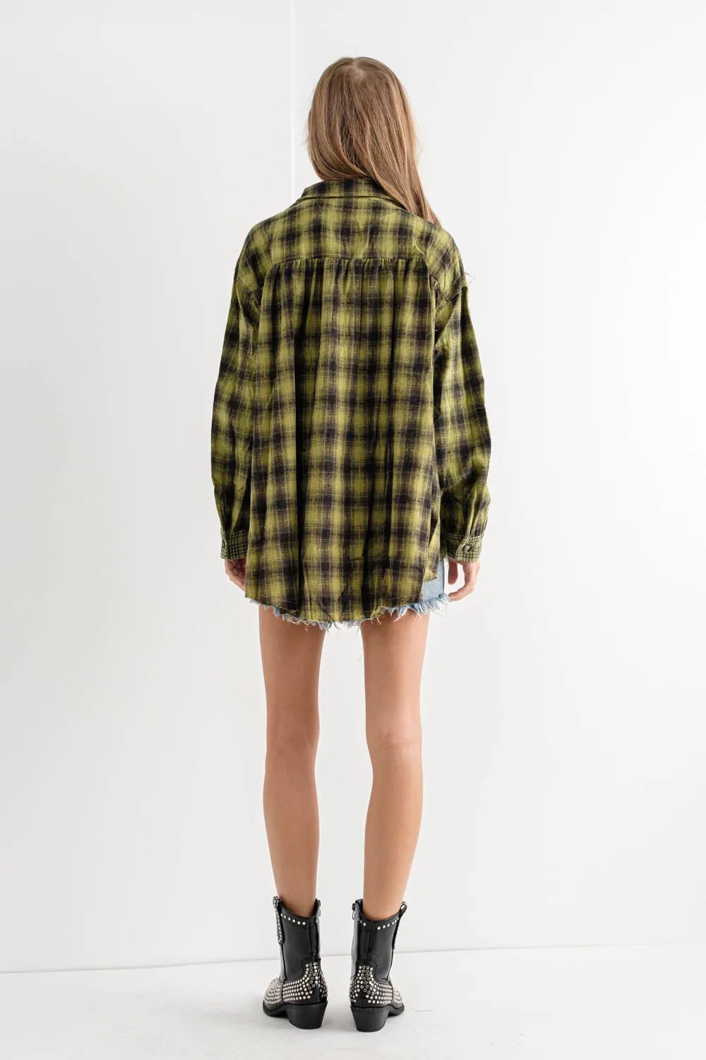 Button Down Yarn Dyed Mixed Contrast Plaid Frayed Bottom Shirt