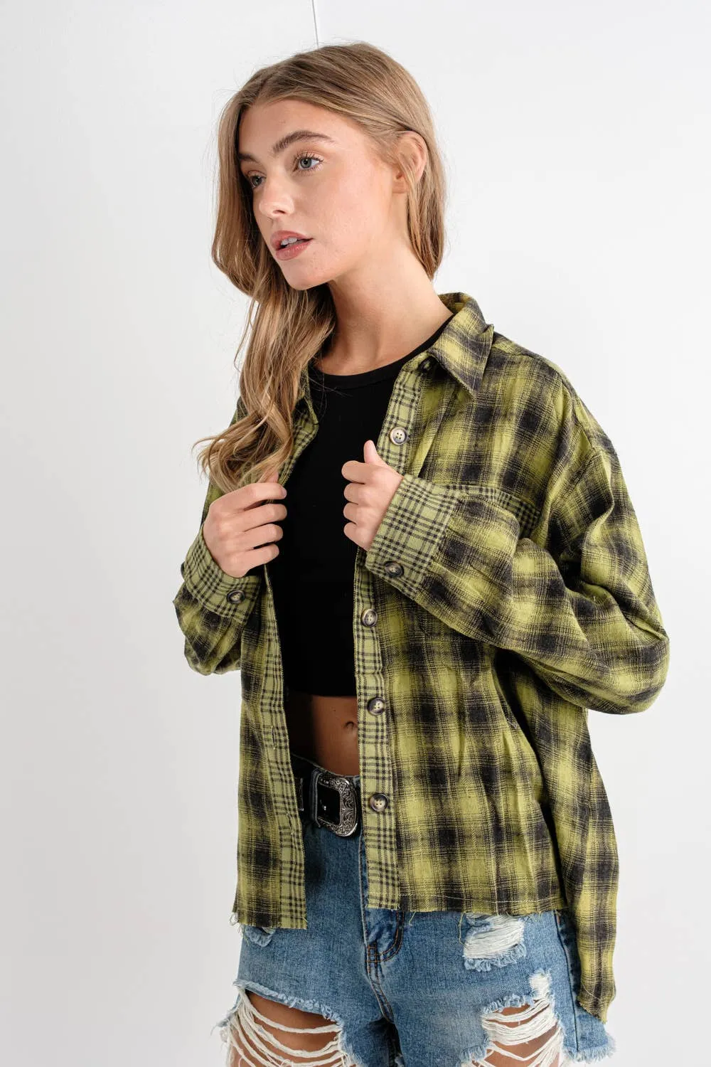 Button Down Yarn Dyed Mixed Contrast Plaid Frayed Bottom Shirt