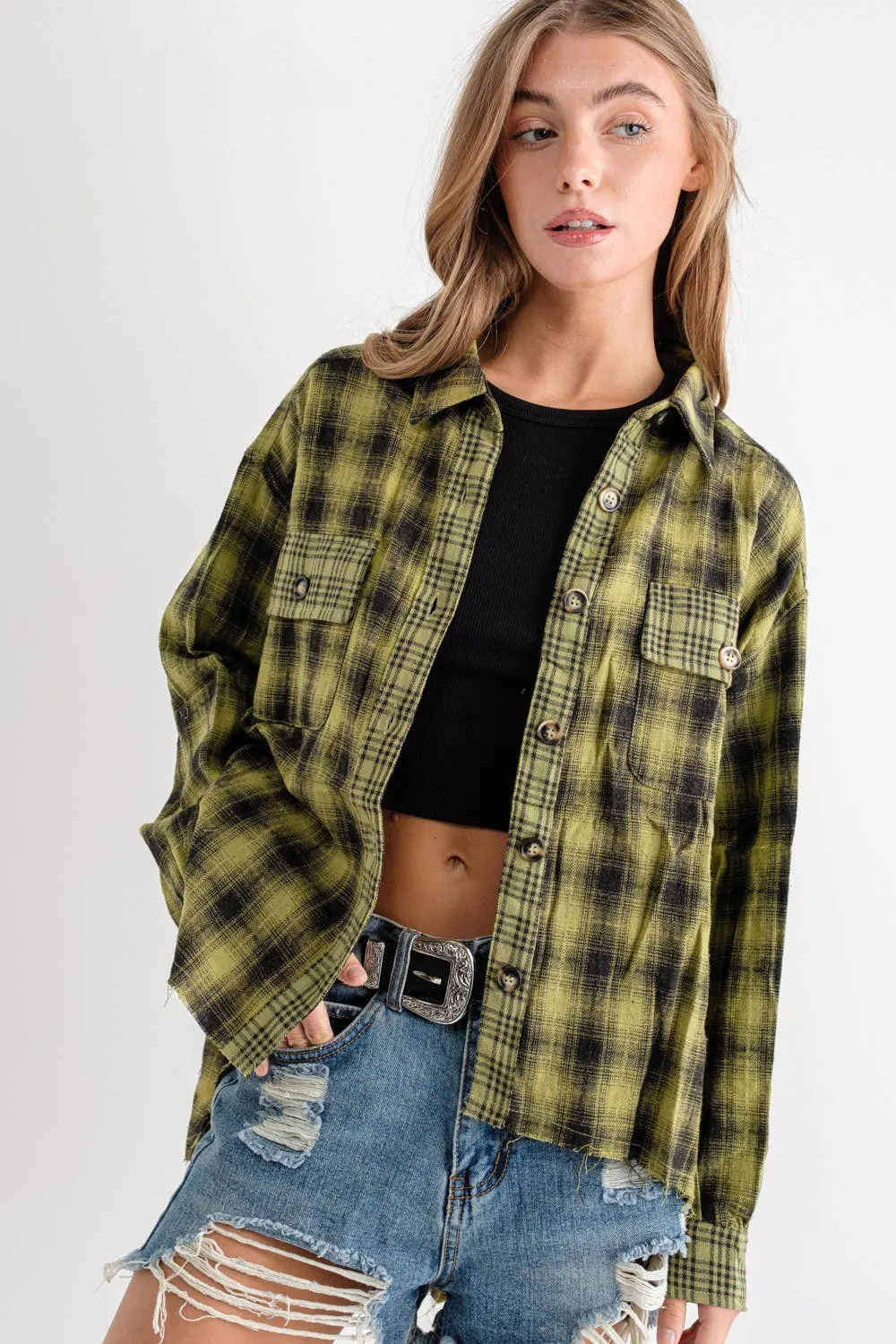 Button Down Yarn Dyed Mixed Contrast Plaid Frayed Bottom Shirt