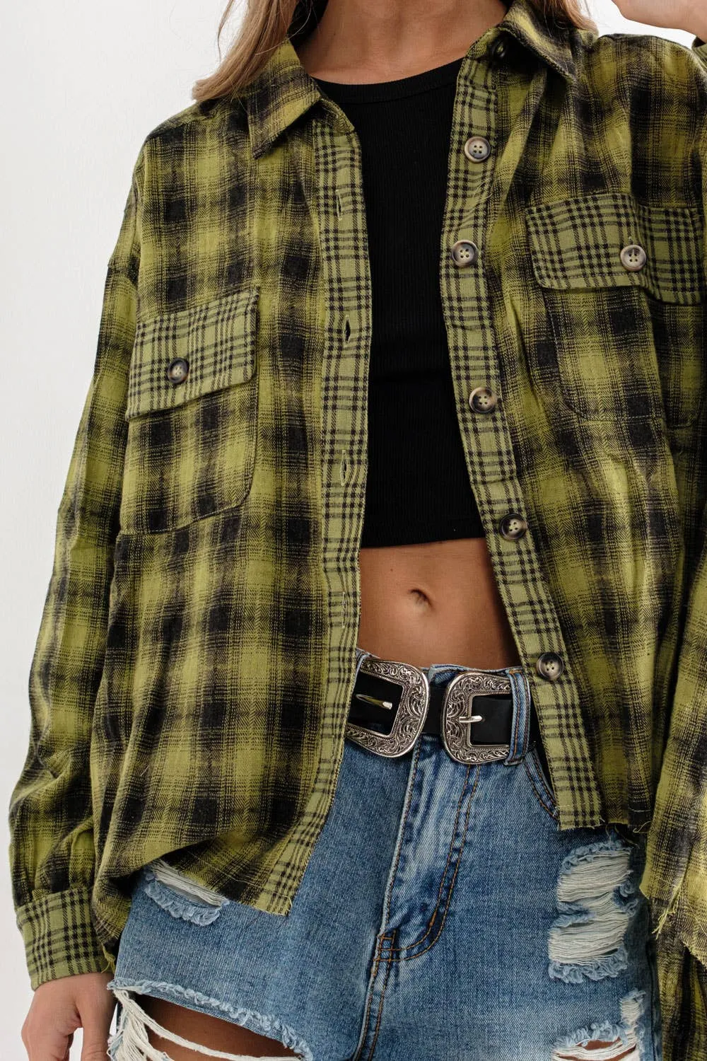 Button Down Yarn Dyed Mixed Contrast Plaid Frayed Bottom Shirt