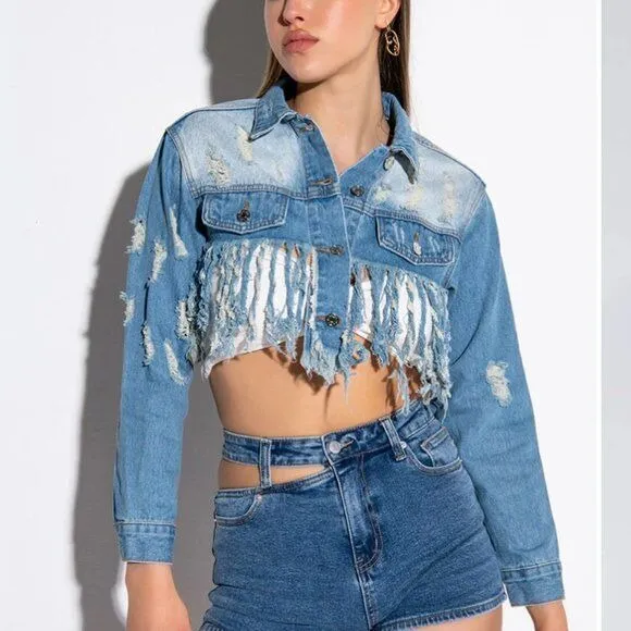 Callie Lives Miz Life Is Good: Fringe Distressed Crop Denim Jean Jacket