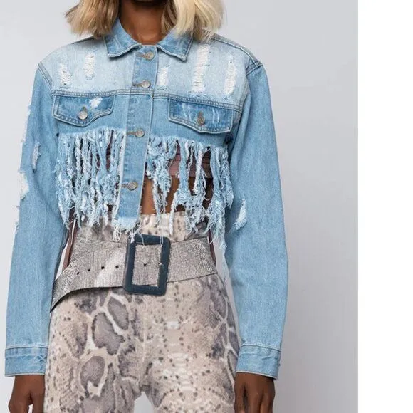 Callie Lives Miz Life Is Good: Fringe Distressed Crop Denim Jean Jacket