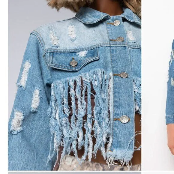 Callie Lives Miz Life Is Good: Fringe Distressed Crop Denim Jean Jacket