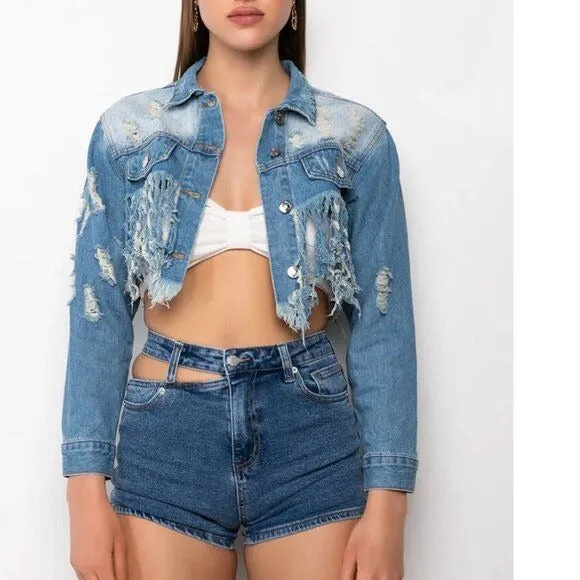 Callie Lives Miz Life Is Good: Fringe Distressed Crop Denim Jean Jacket