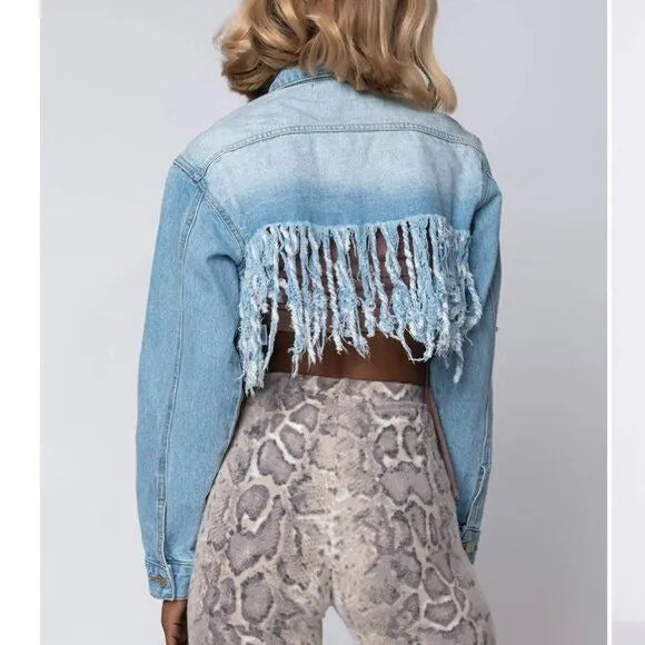 Callie Lives Miz Life Is Good: Fringe Distressed Crop Denim Jean Jacket