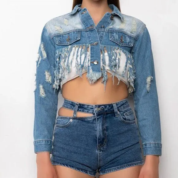 Callie Lives Miz Life Is Good: Fringe Distressed Crop Denim Jean Jacket