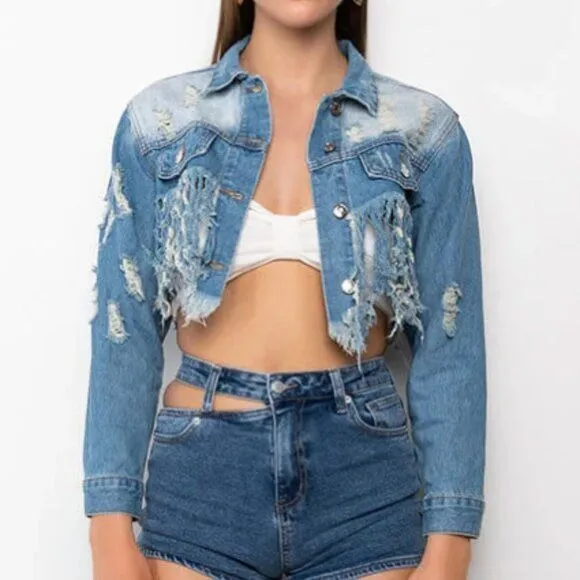 Callie Lives Miz Life Is Good: Fringe Distressed Crop Denim Jean Jacket