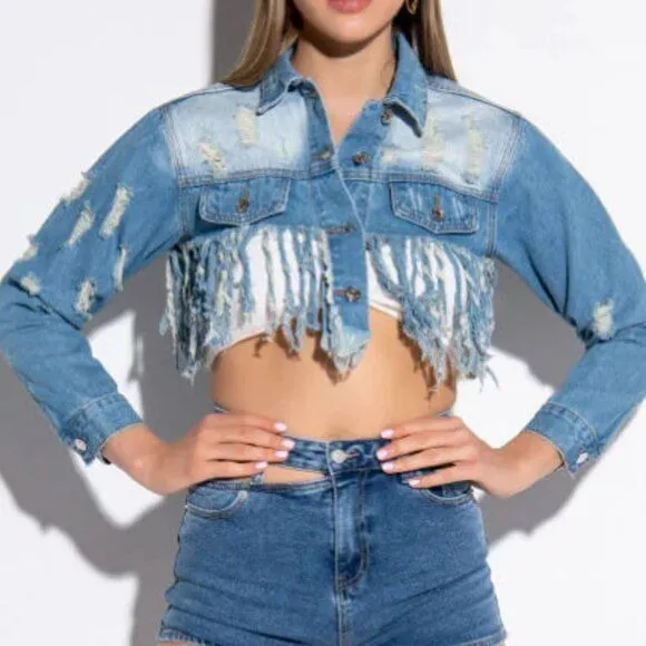 Callie Lives Miz Life Is Good: Fringe Distressed Crop Denim Jean Jacket