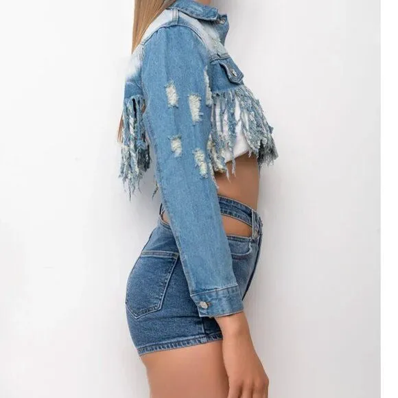 Callie Lives Miz Life Is Good: Fringe Distressed Crop Denim Jean Jacket