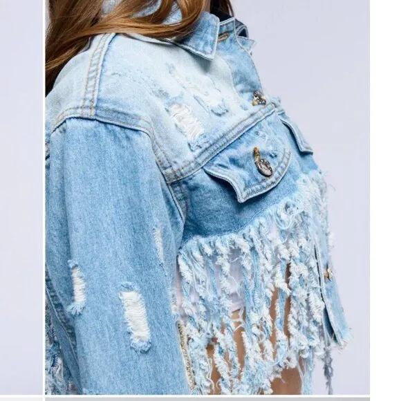 Callie Lives Miz Life Is Good: Fringe Distressed Crop Denim Jean Jacket