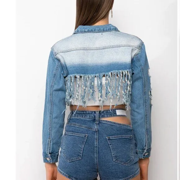 Callie Lives Miz Life Is Good: Fringe Distressed Crop Denim Jean Jacket