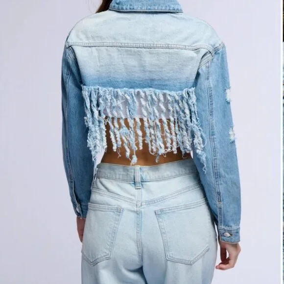 Callie Lives Miz Life Is Good: Fringe Distressed Crop Denim Jean Jacket