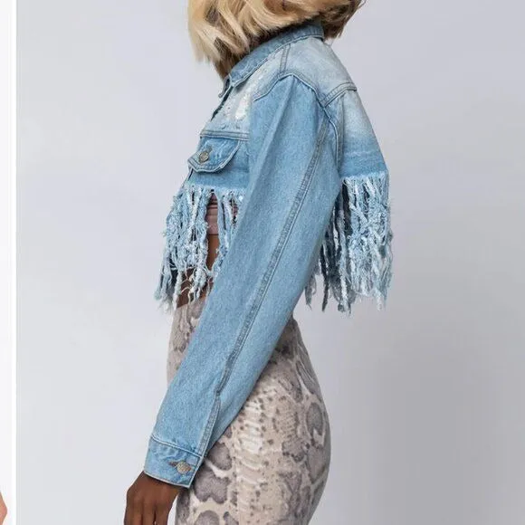 Callie Lives Miz Life Is Good: Fringe Distressed Crop Denim Jean Jacket