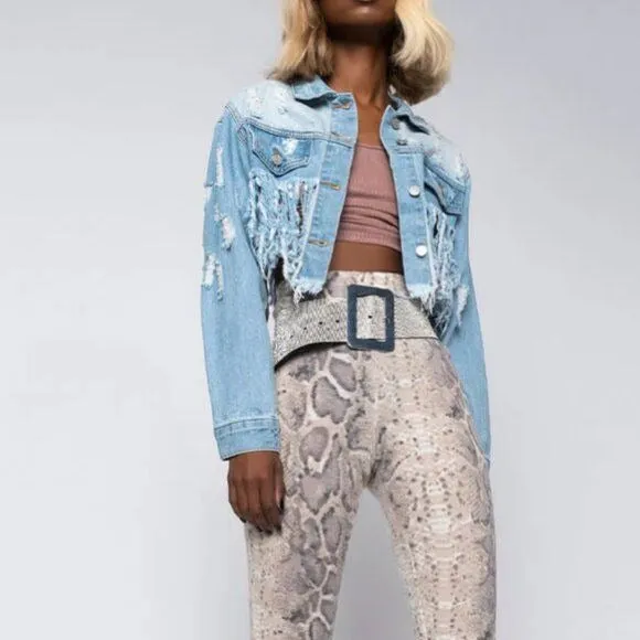 Callie Lives Miz Life Is Good: Fringe Distressed Crop Denim Jean Jacket