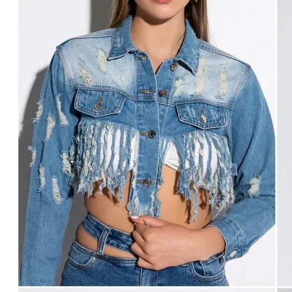 Callie Lives Miz Life Is Good: Fringe Distressed Crop Denim Jean Jacket