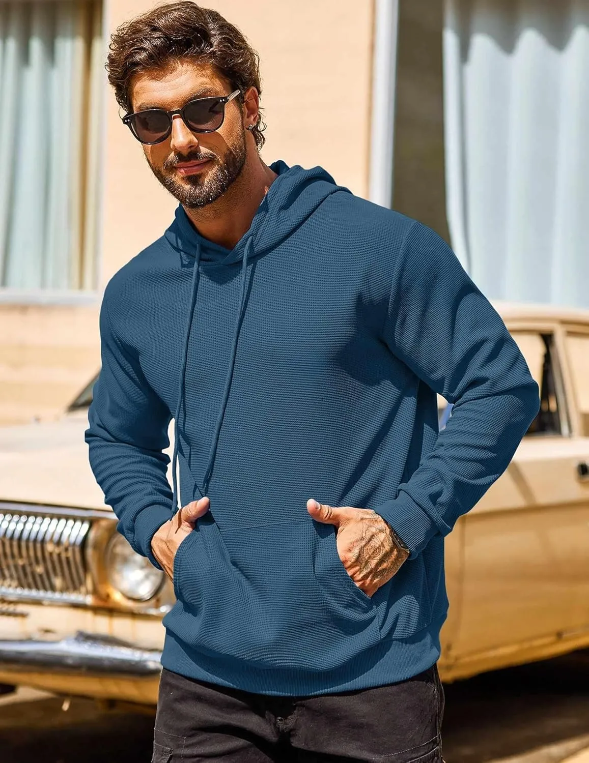 COOFANDY Men's Hooded Sweatshirts Long Sleeve Casual Pullover Hoodie Waffle Knit Sweatshirt with Pocket